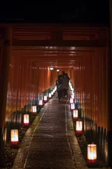 Gordijnen Red torii gate of the shrine at night © SK