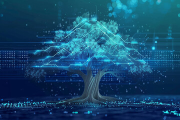 A towering tree made of digital circuitry stands against a backdrop of glowing binary code, symbolizing the fusion of nature and technology. 