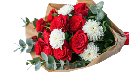 bouquet of red roses and white chrysanthemums on a white isolated background