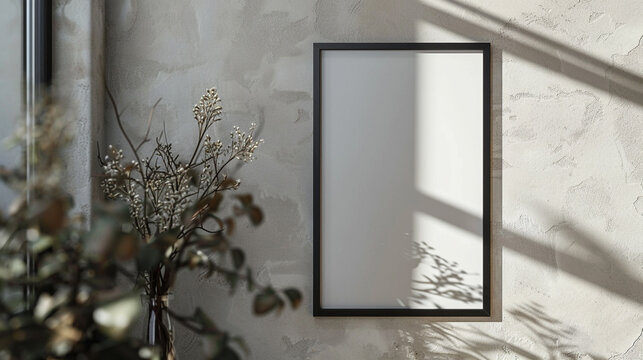 white empty poster frame with flowers in vase 