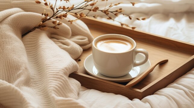 There is a breakfast tray on the bed sheet. A cup of coffee with groceries. Cozy warm atmosphere. The bedroom of the hotel.