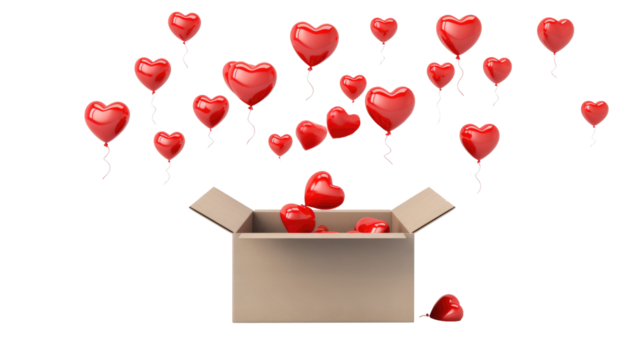 box with donations and red hearts flying out of it, on white isolated background - Powered by Adobe