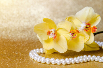 Fototapeta na wymiar yellow Orchid and pearl necklace on a shiny gold background 