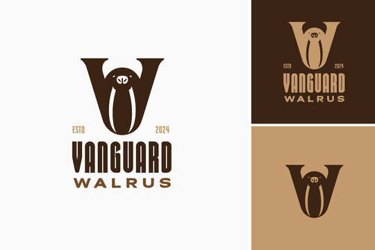 Vanguard Walrus Logo: The letter V transforms into a walrus, representing strength and leadership, ideal for innovative brands or ventures pioneering new frontiers.