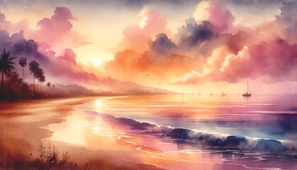  Watercolor Painting of a Dreamy Beach Wallpaper