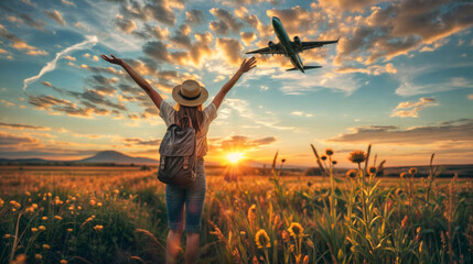 Woman traveler with backpack and hat standing on meadow and holding airplane in hand. - obrazy, fototapety, plakaty