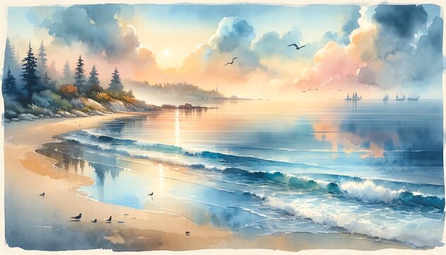 Watercolor Painting of a Calming Coastal Wallpaper