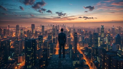 Businessman standing on top of a skyscraper and looking at the city