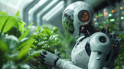 digital robot carry sapling in Green house