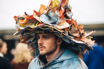 
A candid photo of someone donning a unique hat crafted from recycled materials, showcasing creativity in sustainable fashion