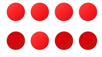 collection of eight round red stickers on white isolated background