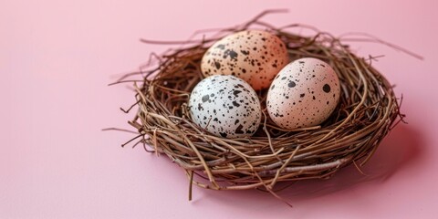 Naklejka na ściany i meble Spotted quail eggs nestled in a twig nest on a pastel pink background, symbolizing spring and renewal.