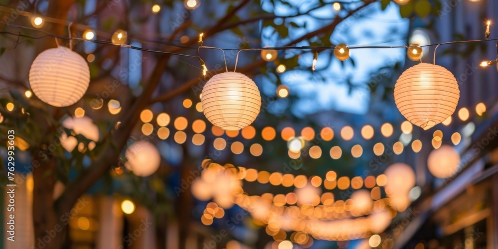 Poster string lights and white paper lanterns create a festive atmosphere in an outdoor evening setting.