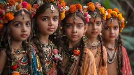 A group of young girls dressed as gopis, performing a graceful dance drama portraying the eternal...