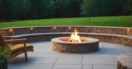 Cozy fire pit on paved patio, illuminated by warm lighting, perfect for summer nights.
