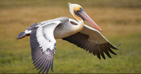 Fototapeta premium Majestic pelican in flight against nature background, showcasing its colorful rose hues, evoking the beauty of african wildlife.