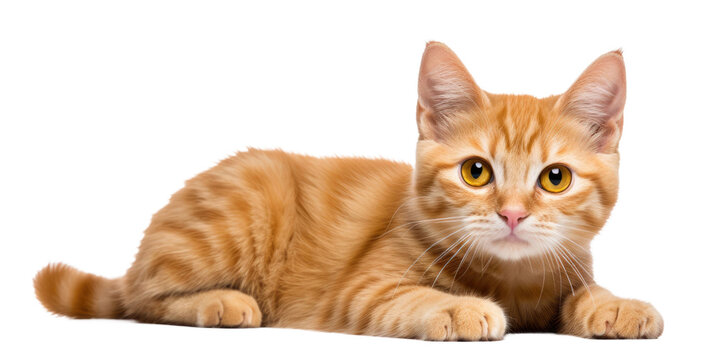  cute ginger cat lies on his stomach and looks to the side, front view, isolated on  white background