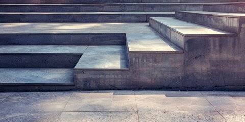 Sunlight casts shadows on a geometric urban concrete staircase, emphasizing shapes and lines.