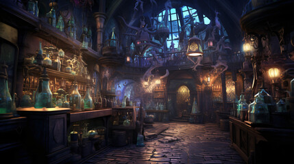 Fototapeta na wymiar A magical laboratory where alchemists brew potions 