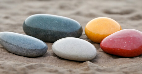 Fototapeta na wymiar Colorful beach stones of various shapes and sizes isolated on sand background.