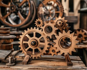 Fototapeta premium Hand-polished wooden gears and wheels set against a backdrop of an artisan workshop