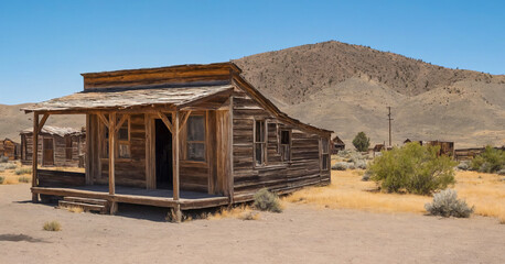 Old wooden shack stands weathered and abandoned in the wild west, relic of nevada's mining history and haunting reminder of the past. - obrazy, fototapety, plakaty