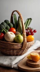 Basket with fresh fruits and vegetables.