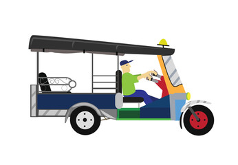 Thai version of a Tuktuk motor service or auto rickshaw which is popular in Thailand as a transport and tourism icon that is a 3 wheeler. Editable Clip Art.