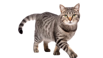 Fototapeta premium domestic gray tabby cat lies and looks at the camera on white isolated background