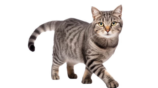 domestic gray tabby cat lies and looks at the camera on white isolated background