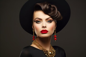 Portrait photo with confidently raised head, Mob Wife Style, adorned with bright lips and golden accessories