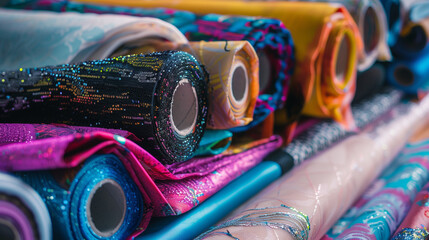 Bright rolls of modern colored fabric with sequins with different patterns lie on the fabric - obrazy, fototapety, plakaty