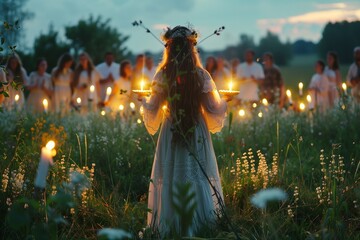 Slavic rituals on Kupala night. Lighting a bonfire, divination, weaving wreaths. A young woman - obrazy, fototapety, plakaty