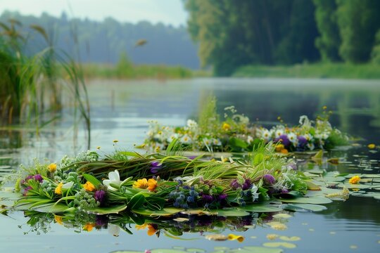 The Slavic Rite of divination on Kupala night. Putting a wreath of herbs and flowers on the water, river, lake