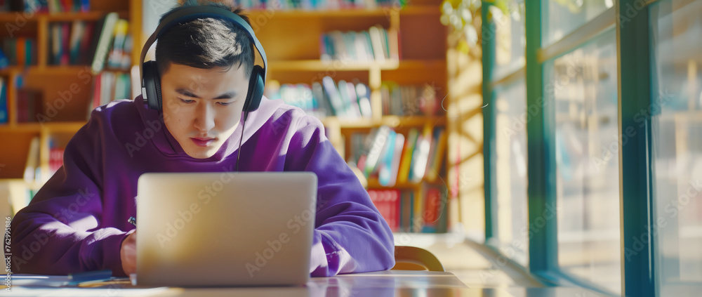 Poster a man sitting at a table using his laptop computer in a library.