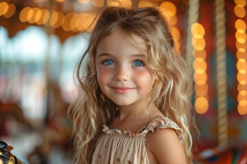 Fototapeta premium Young girl on a carousel riding around. Candid style portrait of kids having fun.