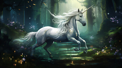 Obraz na płótnie Canvas A mystical and graceful unicorn galloping through a my