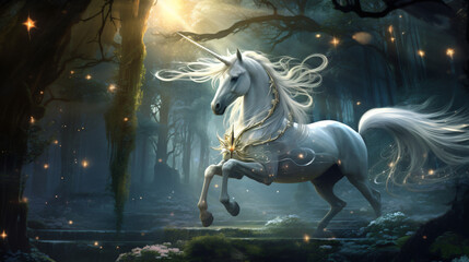 Obraz na płótnie Canvas A mystical and graceful unicorn galloping through a my