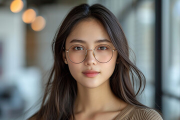 Fototapeta premium a face portrait of a beautiful young pale cute asian woman girl female with straight long hair wearing glasses. isolated on white studio background in square format.