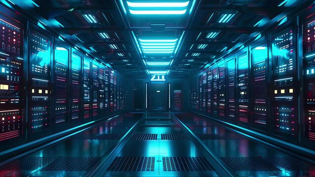 A server room with zoom animation.