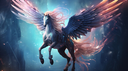 A mystical and powerful pegasus with iridescent wings