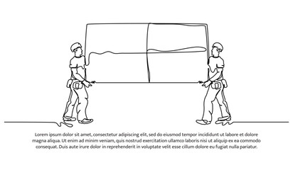 One line continuous of contractors work together. Minimalist style vector illustration in white background.