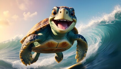 An excited turtle surfing the waves with a big smile on its face