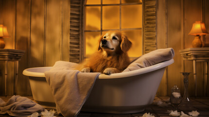 A pampered dog enjoys a relaxing spa treatment at a lu - obrazy, fototapety, plakaty