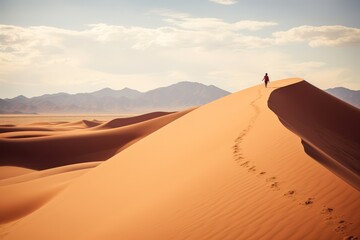 A sense of solitude and vastness that defines the desert landscape, with a solitary figure traversing the sandy terrain, embodying desert aesthetics. - obrazy, fototapety, plakaty