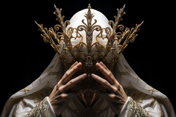 The coronation process from behind, showing the head of the future monarch and hands delicately placing the crown, emphasizing the solemnity of the moment.