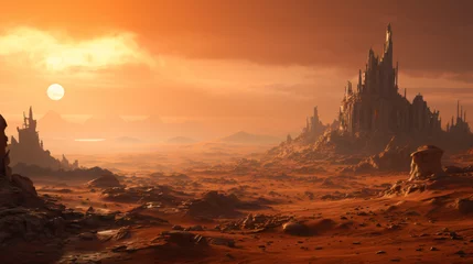 Foto op Plexiglas A postpocalyptic desert landscape with sand dunes st © Cybonix
