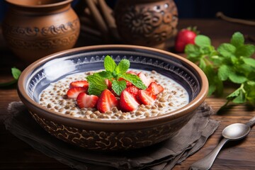 
Photograph of buckwheat porridge with milk and strawberries, adorned with large berries and a sprig of fresh mint