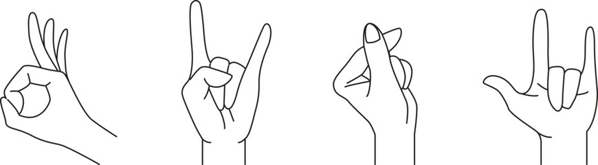 doodle hands with different gesture, hand drawn, outline vector, ok rock love - obrazy, fototapety, plakaty