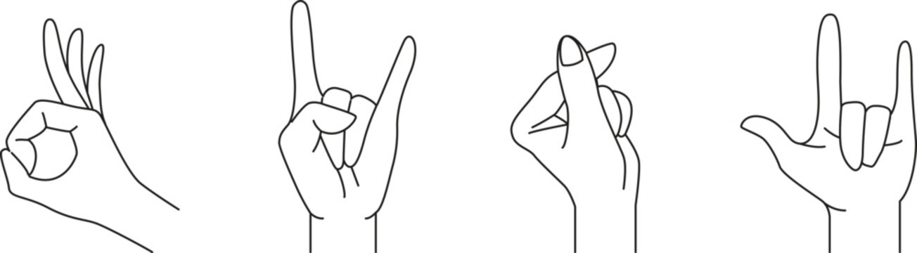 Doodle Hands With Different Gesture, Hand Drawn, Outline Vector, Ok Rock Love